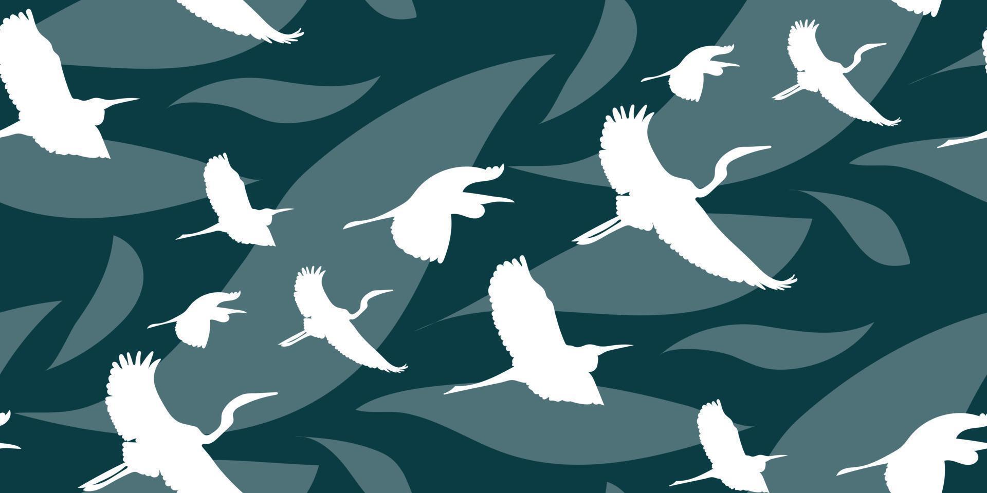 abstrakt Hintergrund mit Elemente von Gefieder und Weiß Konturen von fliegend Vögel. das Gliederung von Störche im ein wiederholen Muster zum Drucken auf Textilien und Papier. kostenlos drucken mit Vögel auf ein Blau vektor