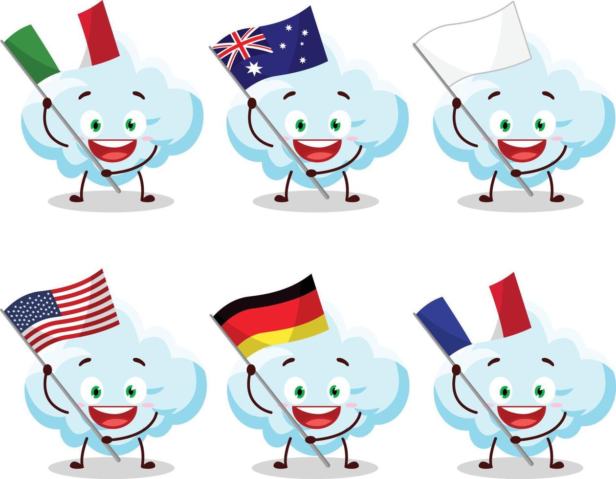 Wolke Karikatur Charakter bringen das Flaggen von verschiedene Länder vektor