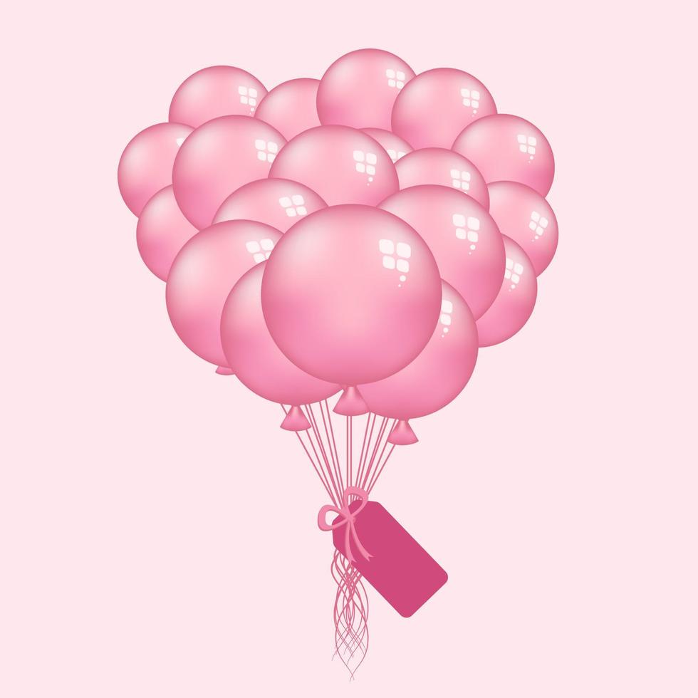 festlich Bündel von Rosa fliegen Luftballons gebunden mit ein Etikett auf Rosa Hintergrund zum Valentinsgrüße Karte. Vektor Illustration