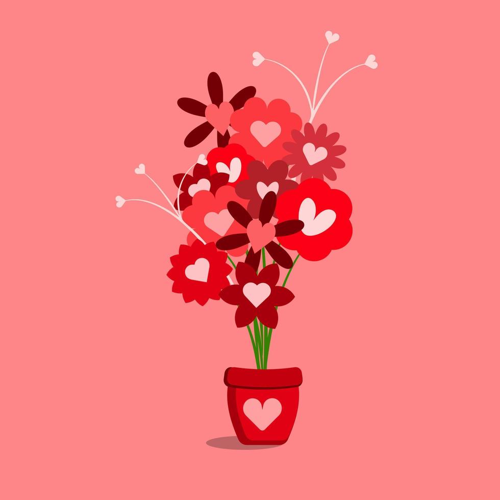 Herz gestalten rot Blumen im ein Blume Topf. Liebe und Romantik Symbol. eben Design. isoliert Vektor Illustration