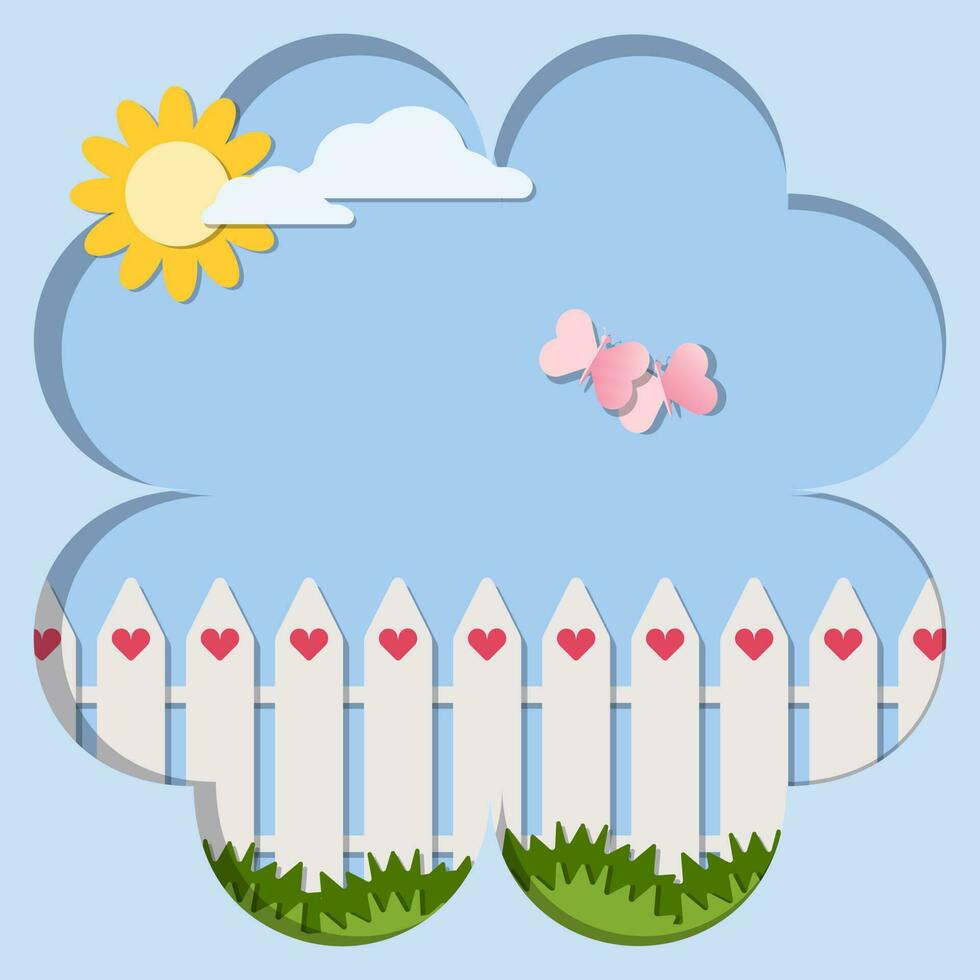 Liebe Postkarte Papier ausgeschnitten Vektor Illustrationen. Weiß Zaun mit Grün Gras und Schmetterlinge auf Blau Himmel und das Sonne Hintergrund