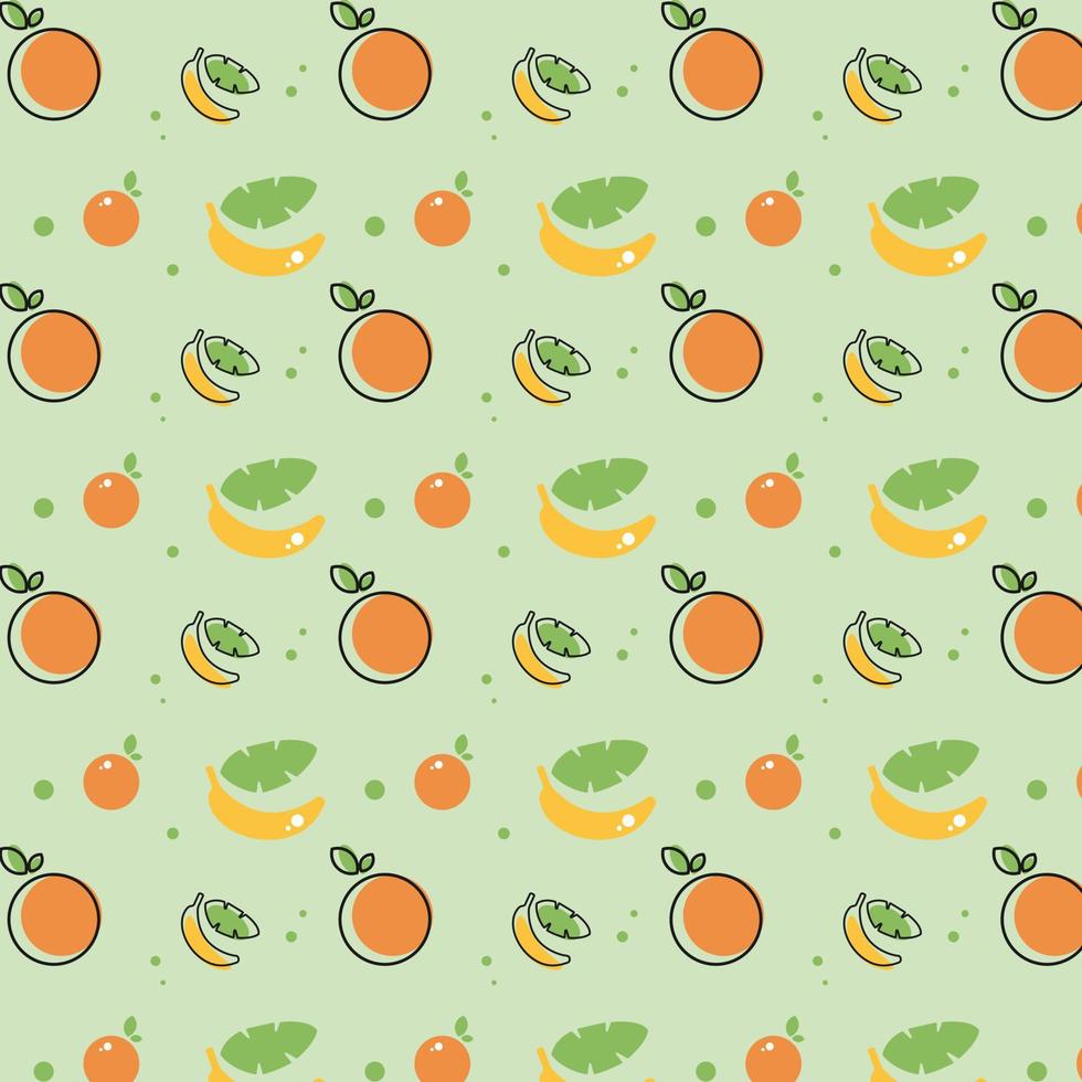 nahtlos Muster mit Orange und Banane frisch Frucht. gesund Vitamin Ernährung Hintergrund auf ein Grün Hintergrund. Gliederung Farbe Vektor Illustration