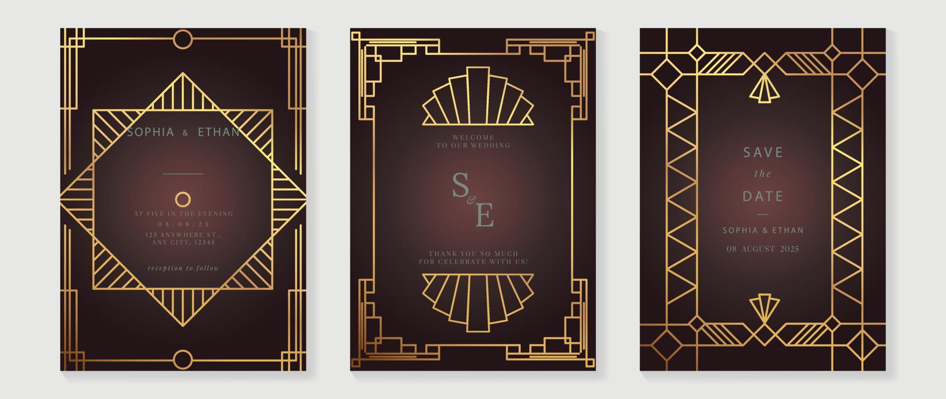 lyx bröllop inbjudan kort bakgrund vektor. gyllene elegant geometrisk konst deco gatsby stil linje konst ram. premie design illustration för bröllop och vip omslag mall, baner, affisch. vektor