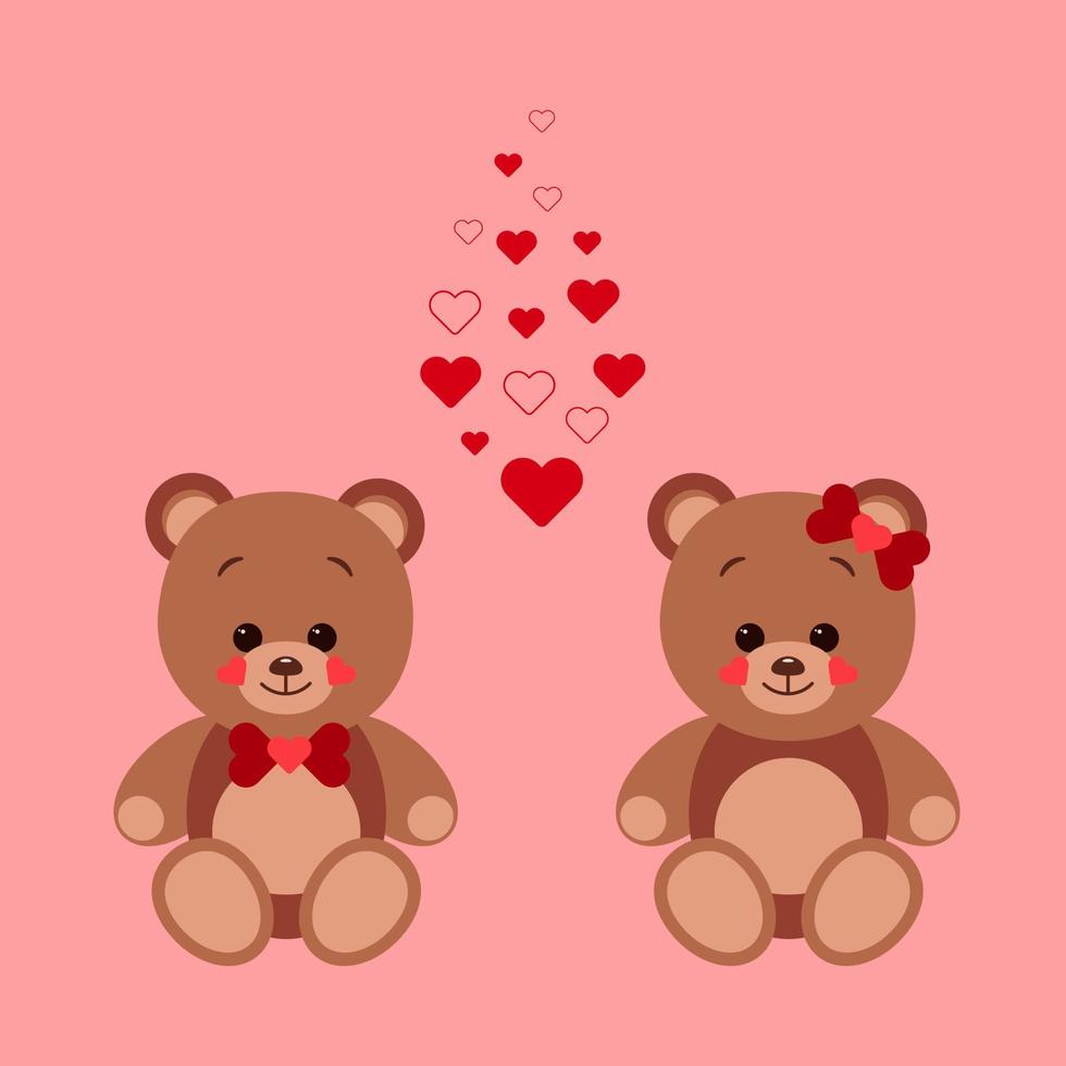 två teddy björnar i kärlek sitta mellan många liten röd hjärtan. de begrepp av valentine dag. platt vektor illustration isolerat på en röd bakgrund