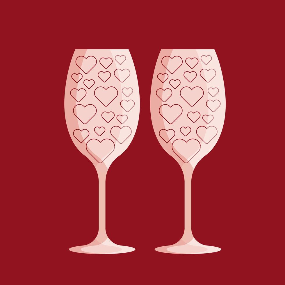 två tömma vin glasögon utsmyckad med hjärtan. valentines dag begrepp. vektor illustration