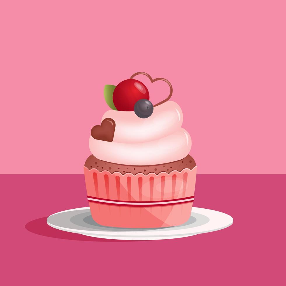 Cupcake mit Herz gestalten Schokolade und Kirsche auf das Teller im eben Stil isoliert auf Rosa Hintergrund. Liebe, Valentinsgrüße Tag Konzept. Vektor Illustration