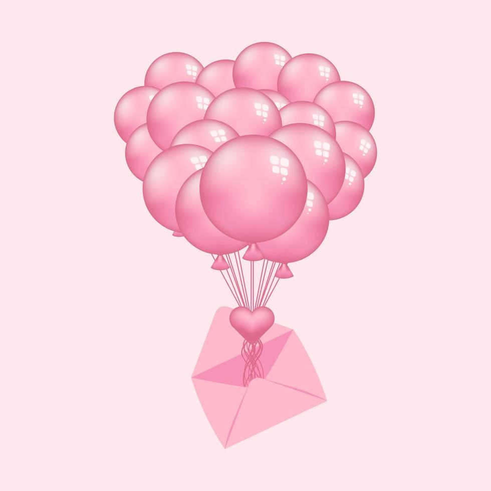 festlich Bündel von Rosa fliegen Luftballons gebunden mit ein Herz Postkarte und Briefumschlag auf Rosa Hintergrund zum Valentinsgrüße Karte. Vektor Illustration