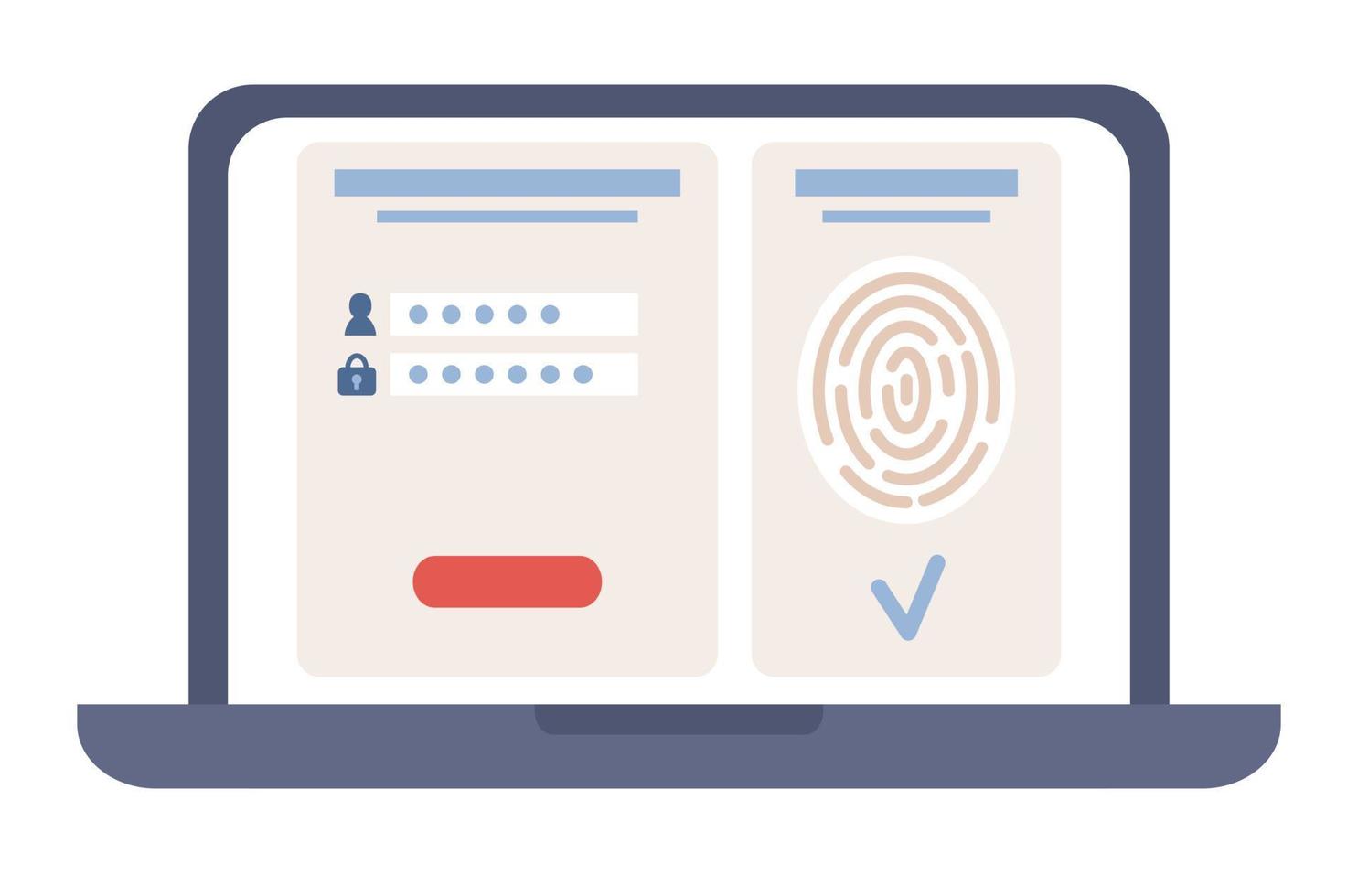 Scan Fingerabdruck Symbol. Daten Schutz Konzept. biometrisch Zugriff Kontrolle. Biometrie Identifizierung und Nachprüfung auf Laptop Bildschirm. Vektor eben Illustration