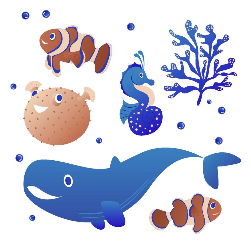 tecknad serie hav djur. val, clown fisk, sjöhäst, igelkott fisk, tång. under vattnet vilda djur och växter varelser vektor illustration uppsättning.