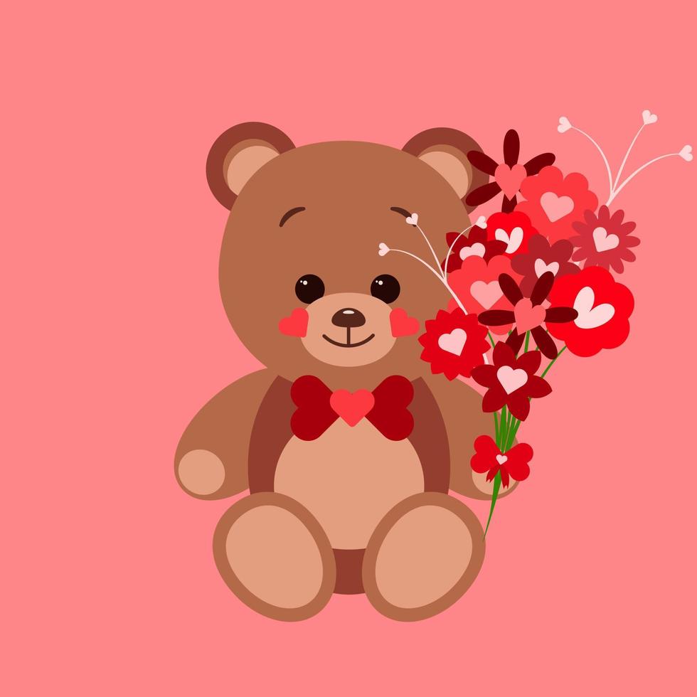teddy Björn med blommor, hälsning kort för valentines dag. vektor illustration. kärlek begrepp isolerat på röd