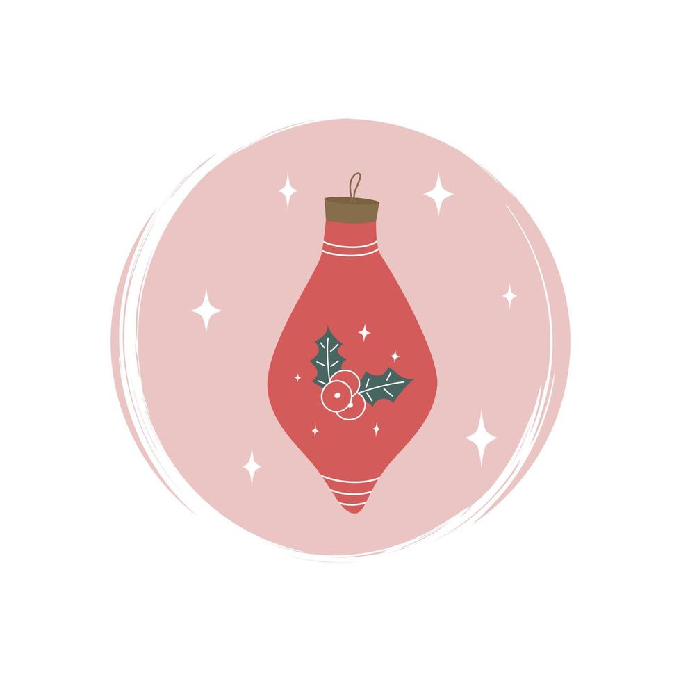 söt röd jul struntsak med järnek och stjärnor ikon vektor, illustration på cirkel med borsta textur, för social media berättelse och slingor vektor