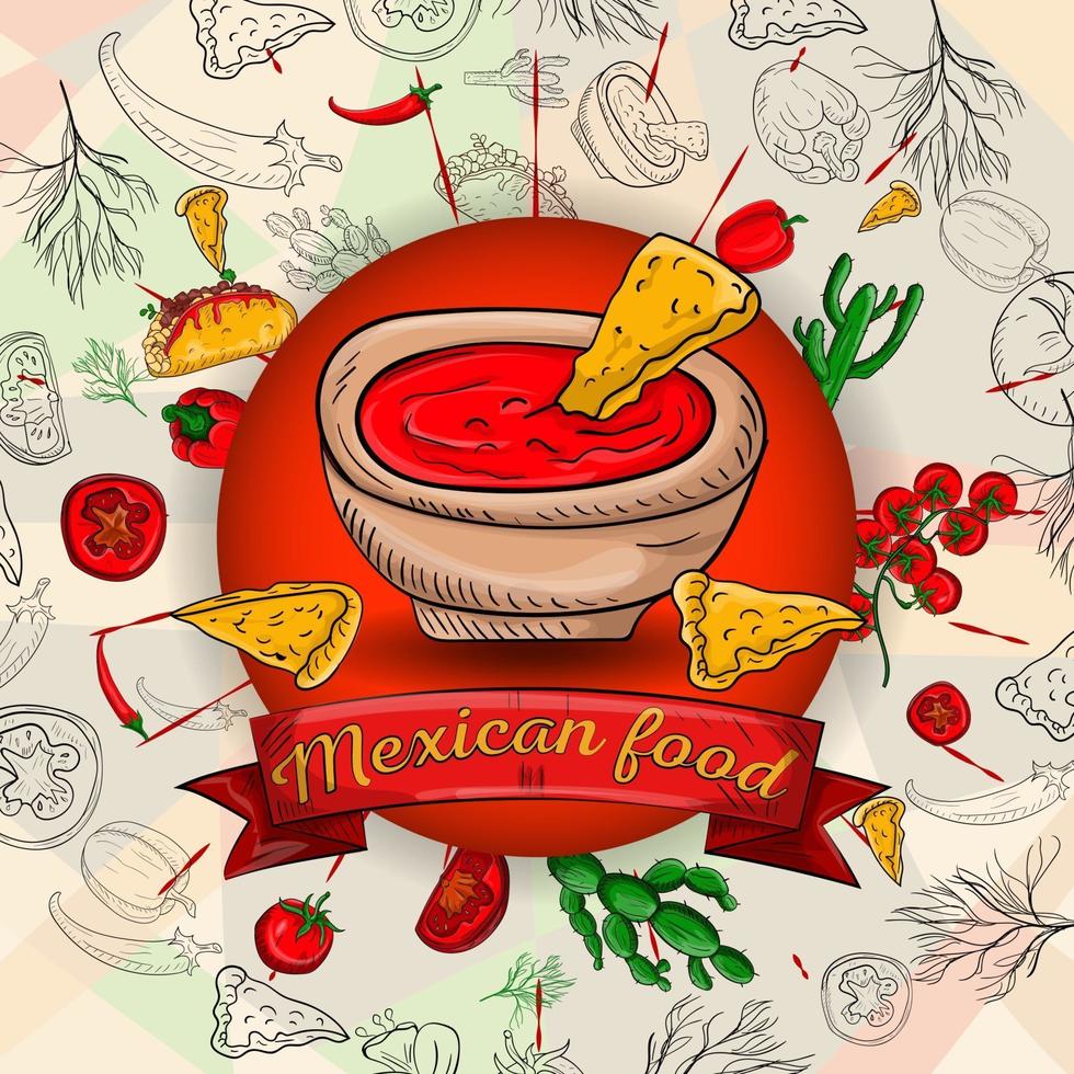 Abbildung 1 von mexikanischen Kochprodukten in einem kreisförmigen Ornament aus Umrissen und farbigen Zutaten für Hintergründe und Aufkleber vektor
