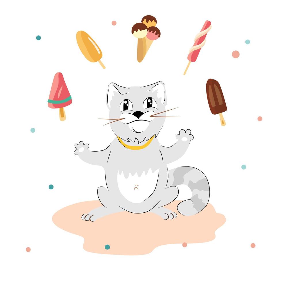 süß Karikatur Katze Charakter mit anders Typen von Eis Creme. hell Sommer- Poster mit Süßigkeiten. Respekt Ihre Katze Tag. glücklich Haustier Tag Feier Abzeichen, Schild, Symbol. glücklich miauen Jahr zum Katzen Tag. Vektor. vektor