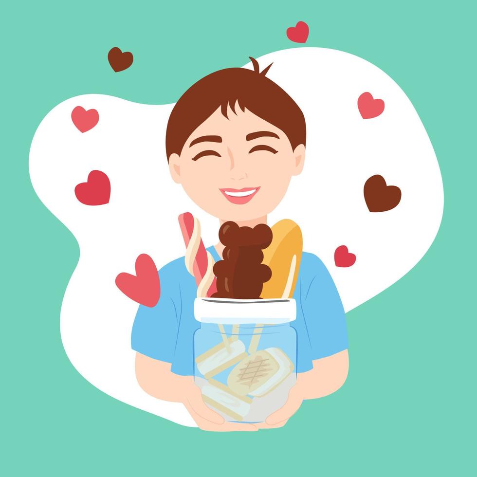 leende pojke med burk av is grädde. vektor illustration för Lycklig nationell is grädde dag på hjärtan bakgrund. Nej diet dag , äta Vad du vilja dag illustration.