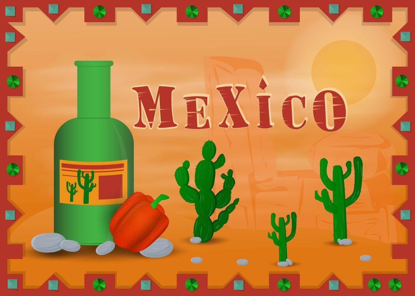 Landschaft der mexikanischen Wüste im Rahmen mit Flasche Tequila vektor