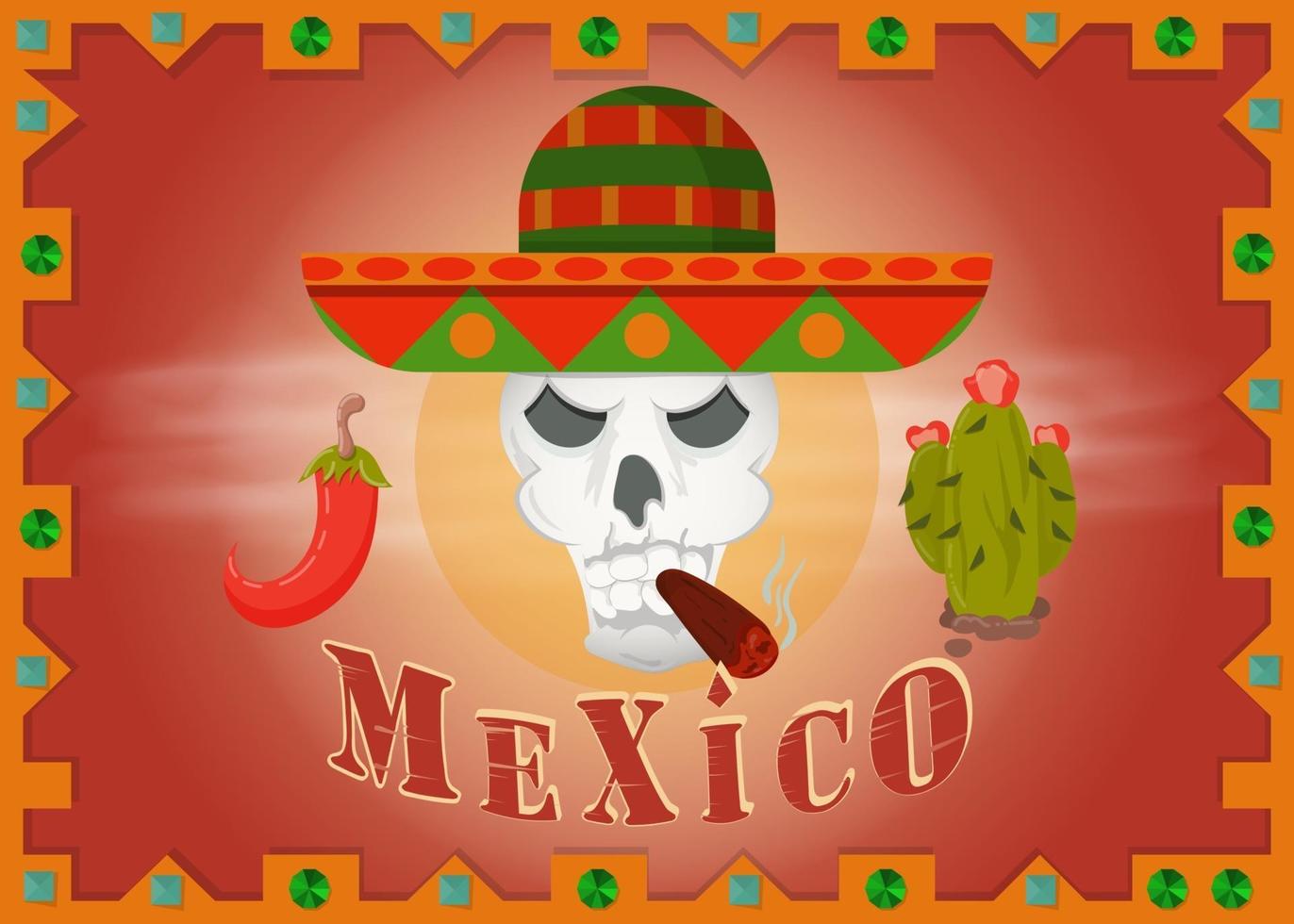 Schädel im mexikanischen Sombrero, der einen Zigarrenrahmen raucht vektor