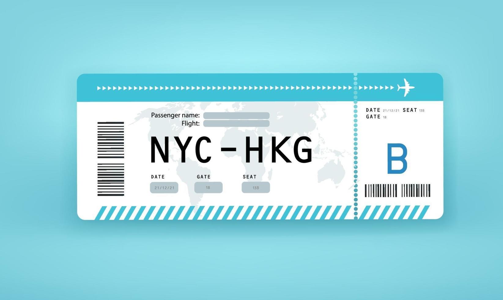 flight paper boarding pass vector mockup. nyc till hkg. New York City till Hong Kong
