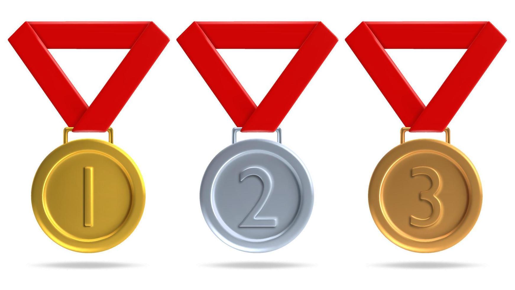 3d Medaille Symbol Satz. Gold, Silber und Bronze- Sport vergeben zum Gewinner. Vektor Preis- Abzeichen 3d machen Illustration isoliert auf ein Weiß Hintergrund