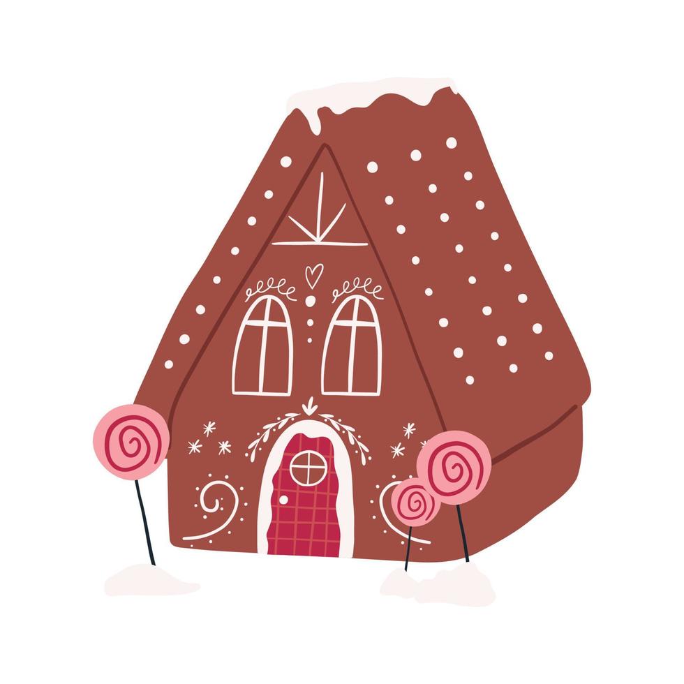 Hand gezeichnet Lebkuchen Haus, Karikatur eben Vektor Illustration isoliert auf Weiß Hintergrund. süß Weihnachten Element. Lebkuchen Haus mit Glasur Fenster, Türen und Dekoration.