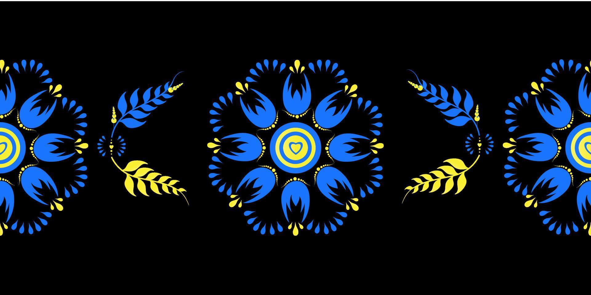 skön sömlös mönster med ukrainska prydnad på de svart bakgrund. botanisk konst. petrykivka. vektor illustration.