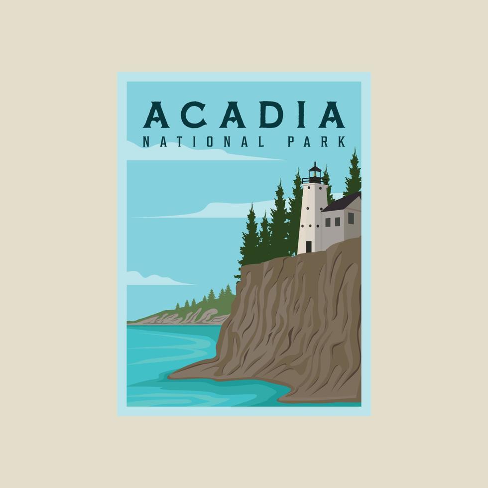 akadia nationell parkera affisch vektor illustration mall grafisk design. fyr på strand baner för resa företag eller miljö begrepp med marinmålning