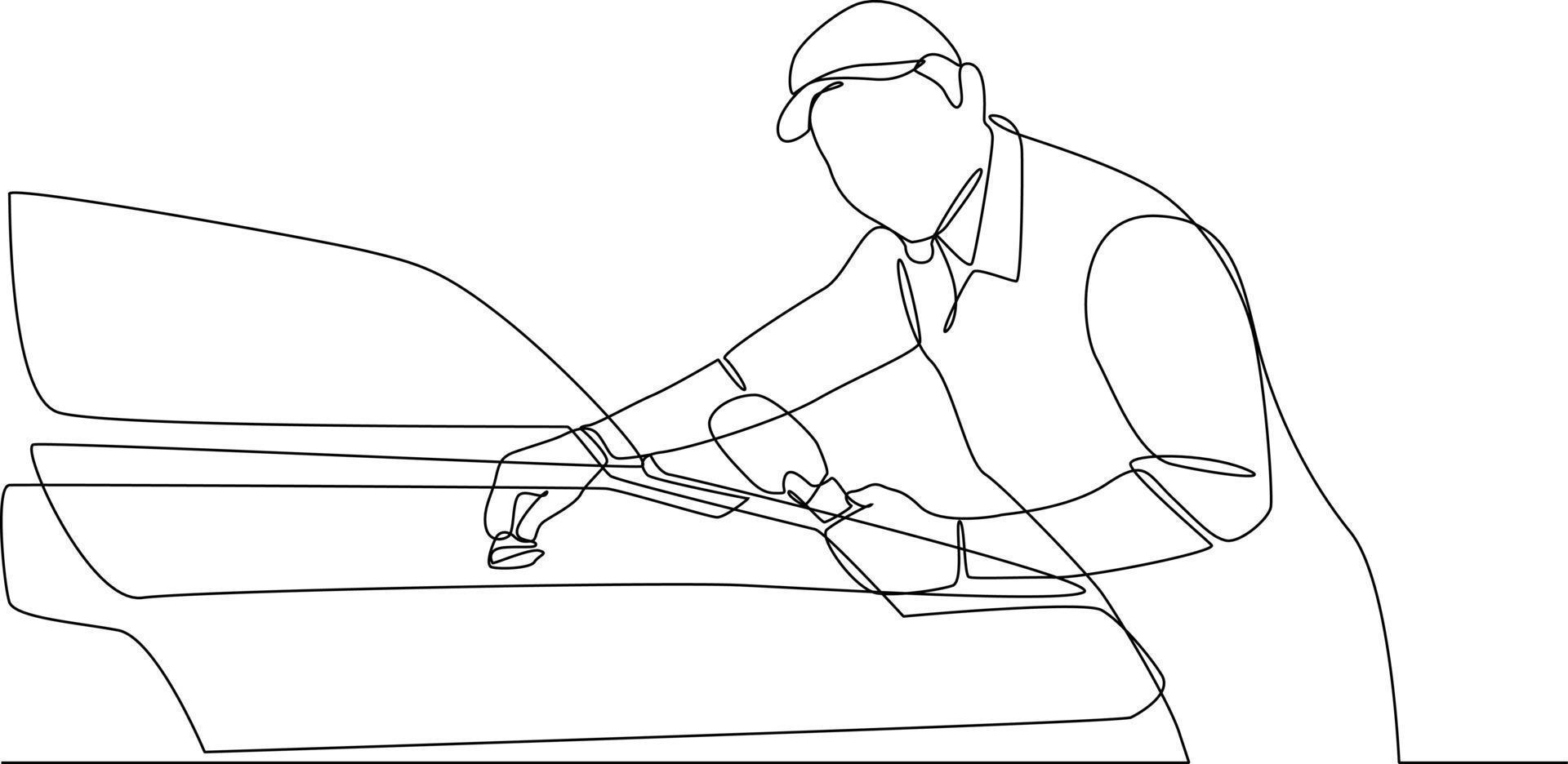 kontinuierlich eine Linie Zeichnung Mann Reinigung Auto Motor. Auto Bedienung Konzept. Single Linie Zeichnung Design Grafik Vektor Illustration
