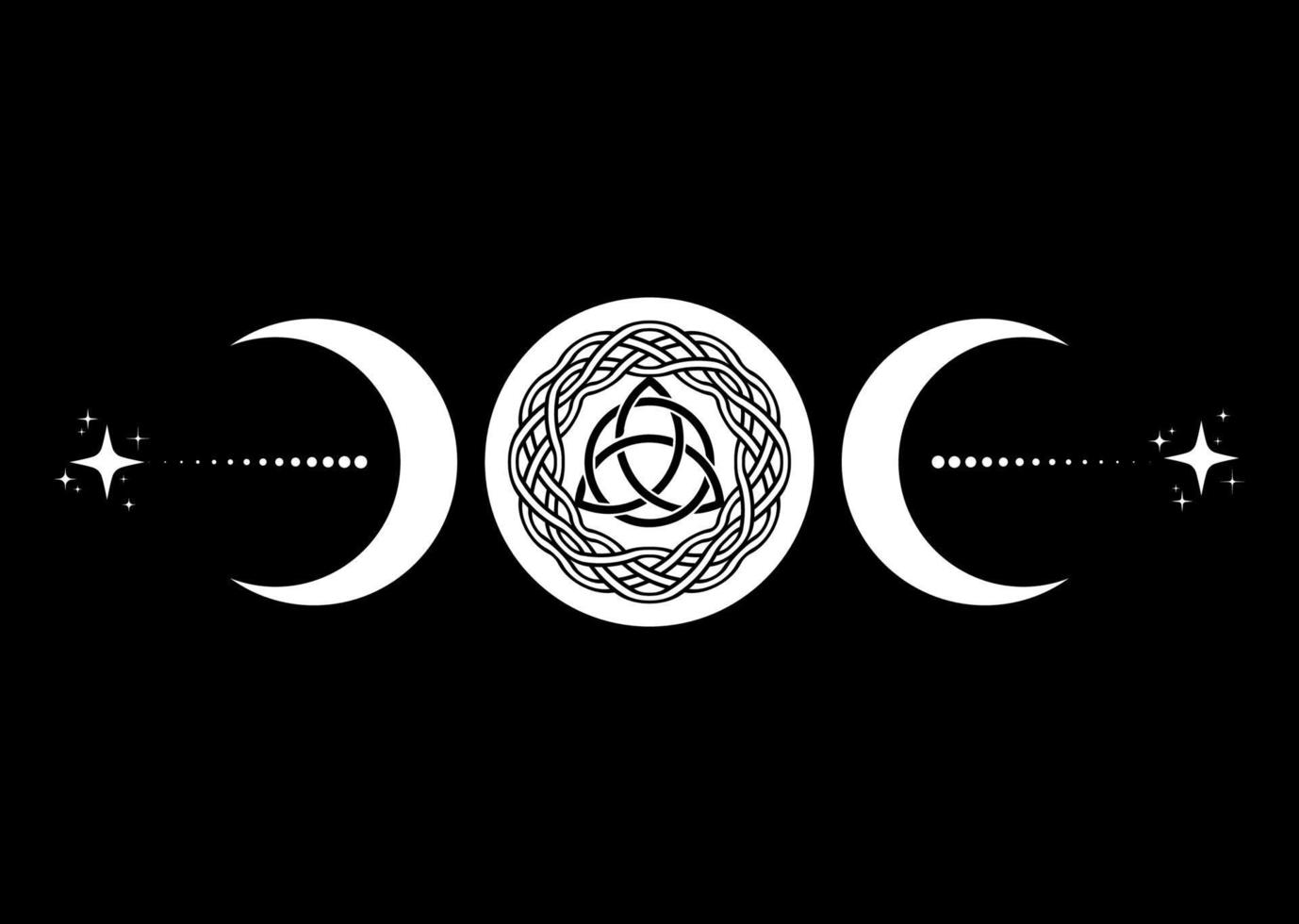 verdreifachen Mond religiös Wicca unterzeichnen. Wicca triquetra Logo Neuheidentum Symbol, keltisch Knoten verdreifachen Göttin Symbol Tätowierung, Göttin von das Mond, Halbmond, Hälfte, voll Mond Vektor isoliert auf schwarz Hintergrund