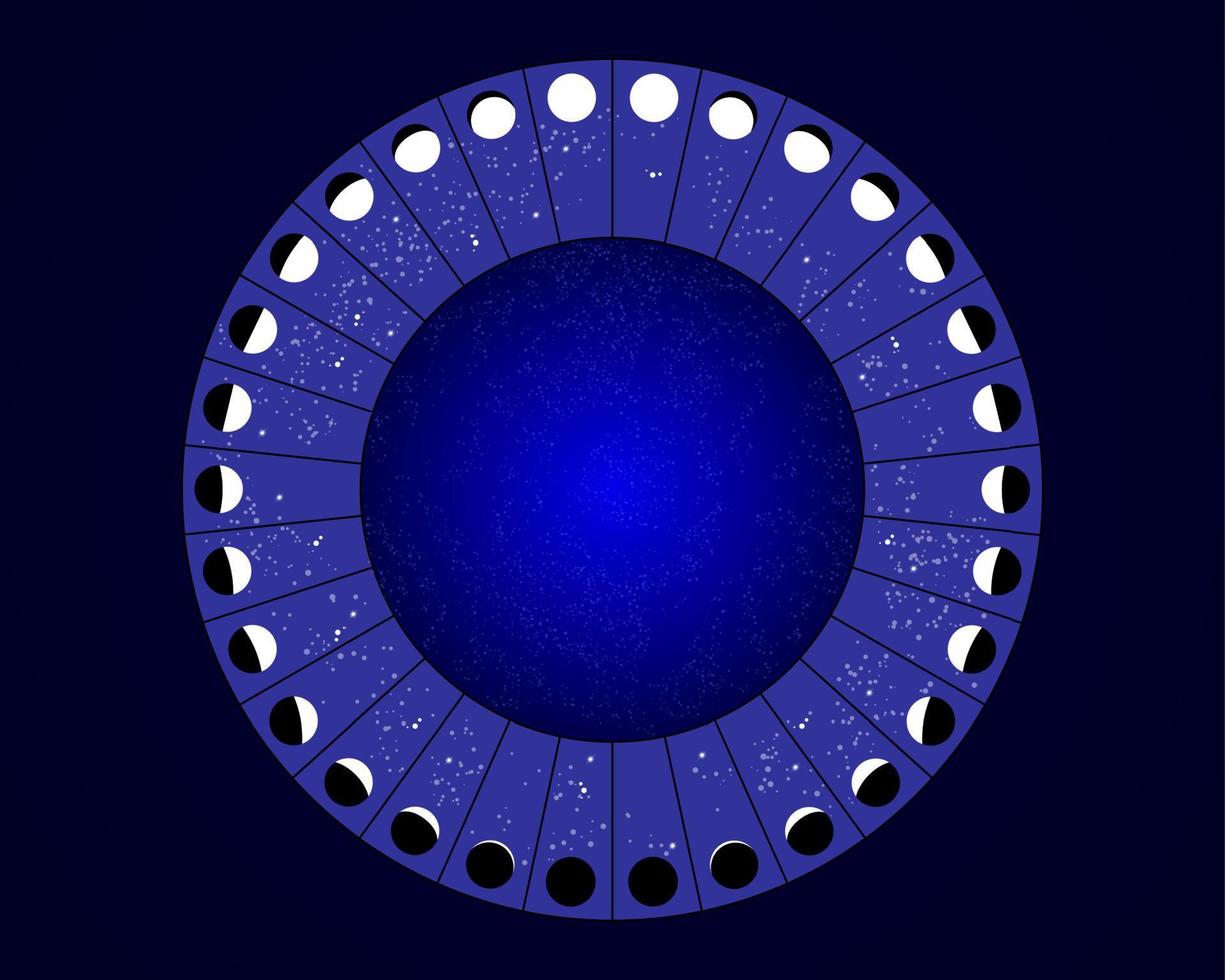 Mond Phasen Kreis, Kalender Astronomie Vektor Diagramm, Mond- Rad isoliert auf Blau sternenklar Hintergrund