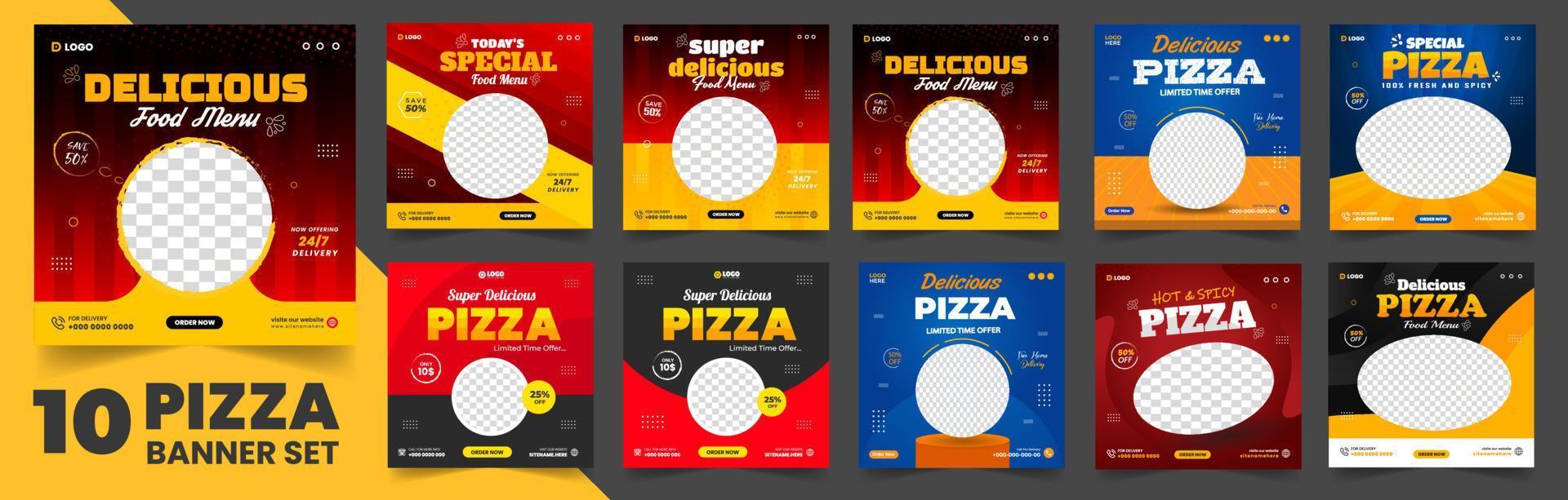 einstellen von 10 groß Mega Sammlung köstlich Pizza Essen Speisekarte Sozial Medien Post Beförderung Netz Banner Design. Pizza Banner Satz, Pizza Banner bündeln. Essen Speisekarte Satz, Essen Speisekarte bündeln. vektor