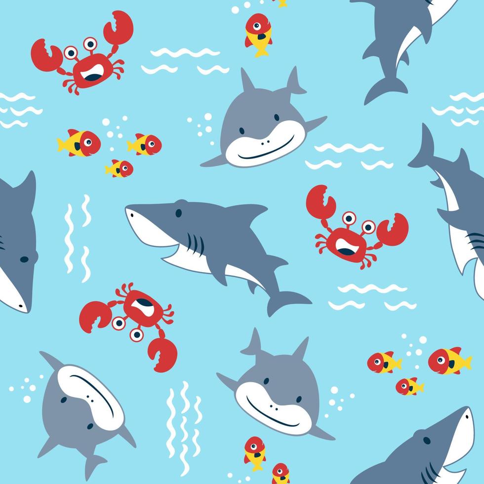 vektor sömlös mönster av marin djur tecknad serie. rolig haj med krabba och fisk