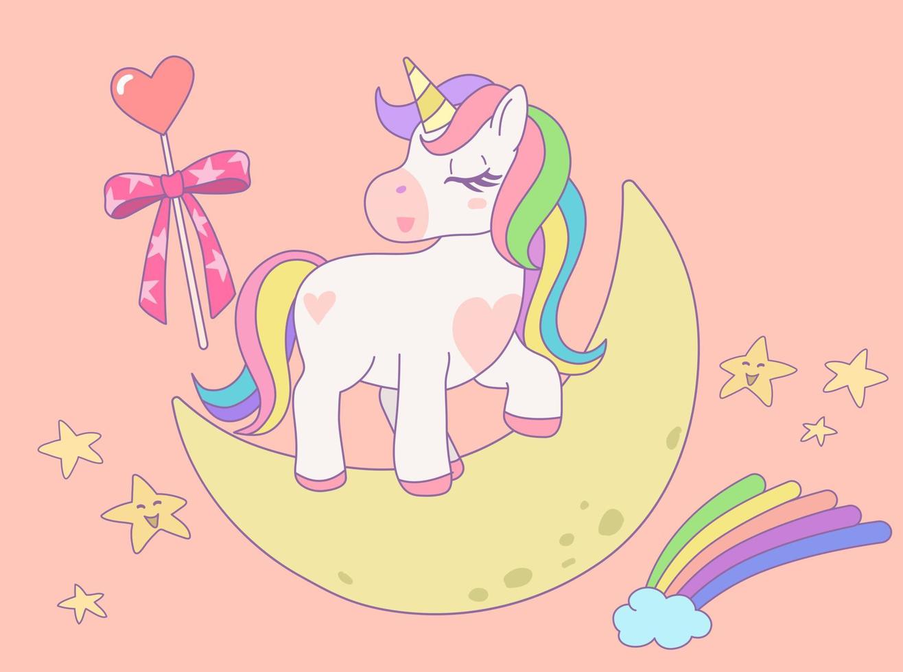 süß Regenbogen Einhorn Stehen mit Augen geschlossen und Magie Zauberstab auf das Mond im das Himmel. Vektor Design Illustration.