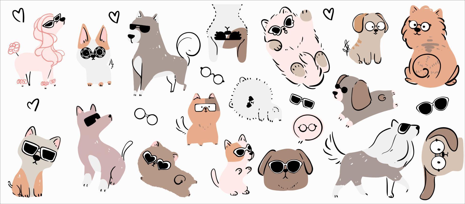 süß Hunde Vektor Satz. Karikatur Hund oder Hündchen Zeichen Design Sammlung mit eben Farbe im anders Posen. einstellen von komisch Haustier Tiere isoliert auf Weiß Hintergrund.