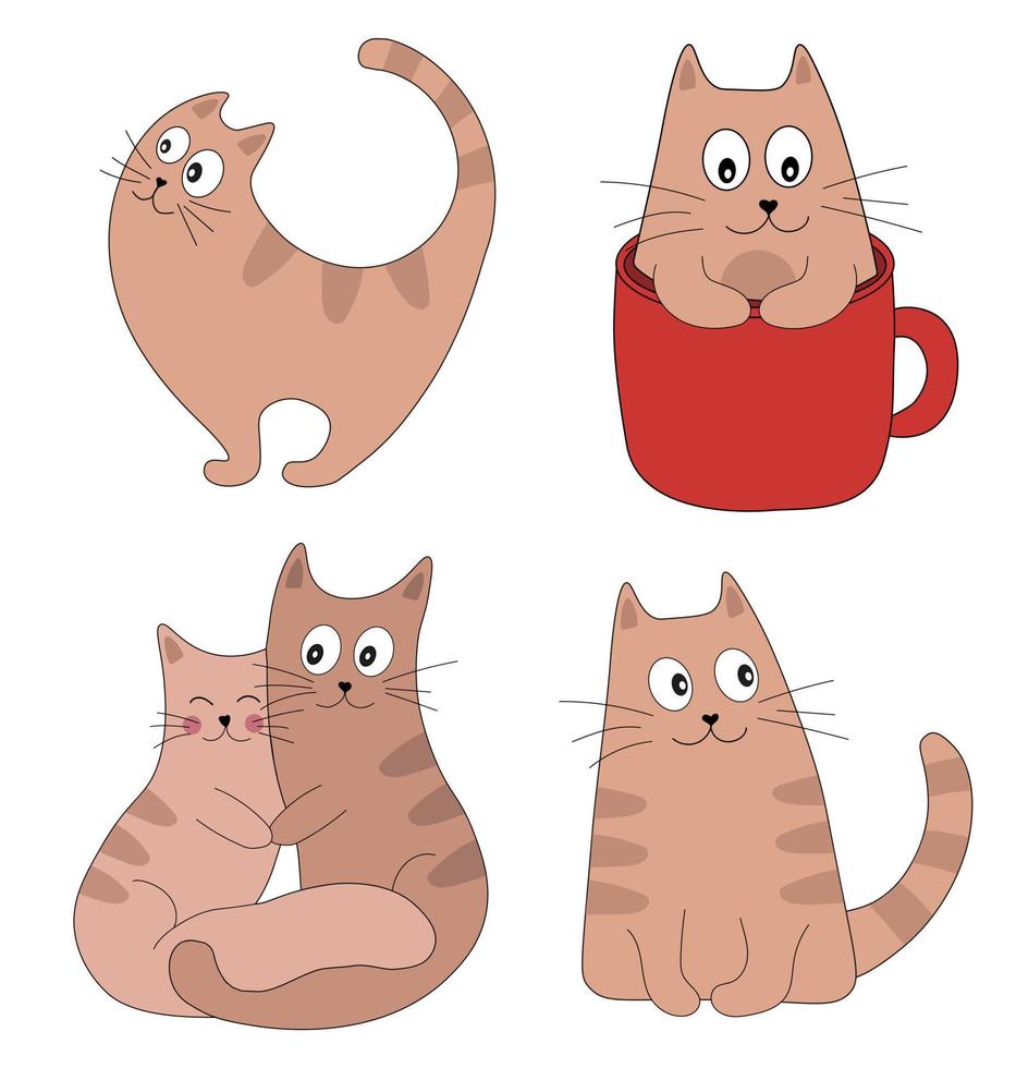 söt katter samling. kattungar uppsättning för hälsning kort eller affisch. katt tror, kattunge i kopp, katter kärlek. vektor begrepp illustration.