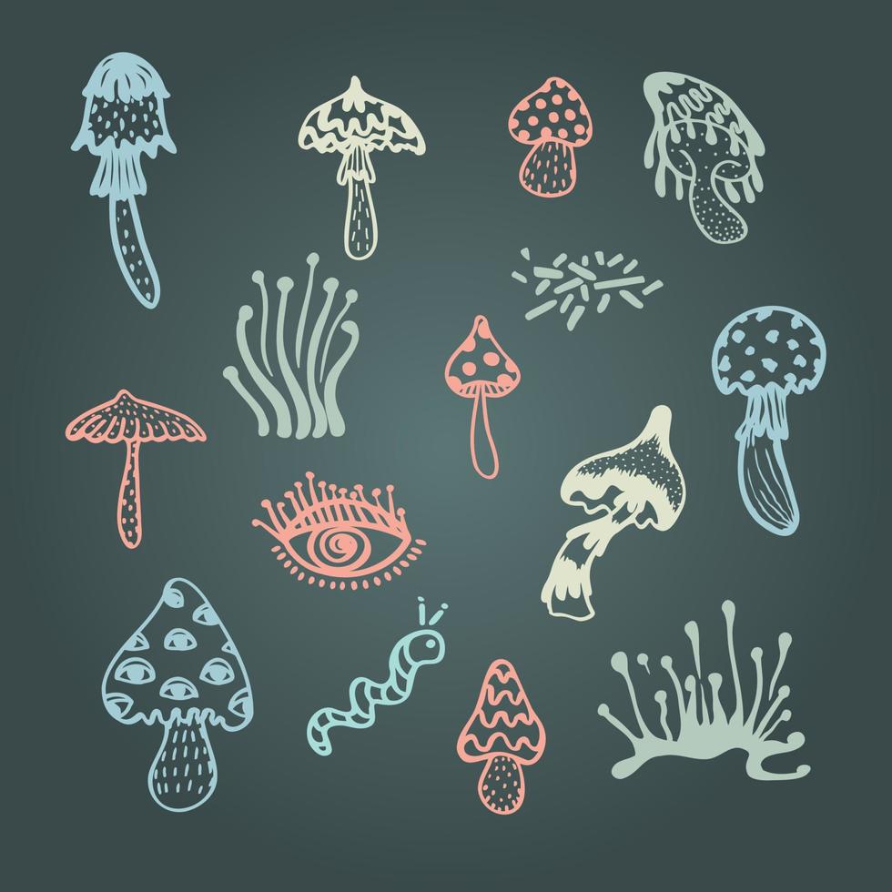 Sammlung von Rille Pilz psychedelisch Elemente. retro Design von Hipster Symbole. Gekritzel Stil Grafik. Jahrgang trippy 60 70 80 90 modisch Vektor Illustration Farbe Symbole auf Tafel Hintergrund