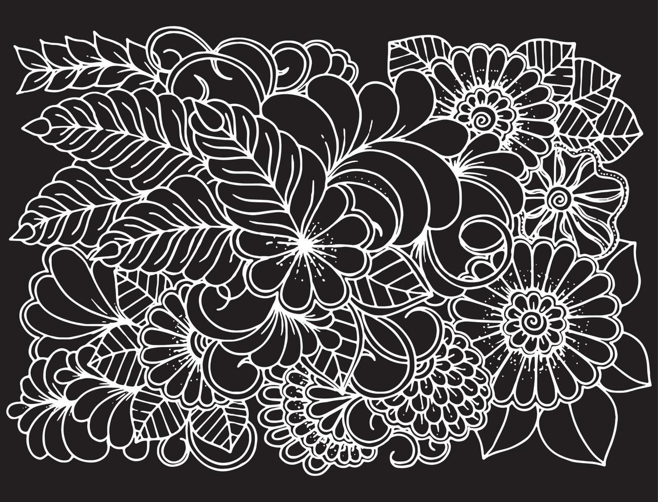 Färbung Seite im schwarz und Weiß zum Färbung Buch Blätter und Blumen im einfarbig Farben Kritzeleien Muster Vektor