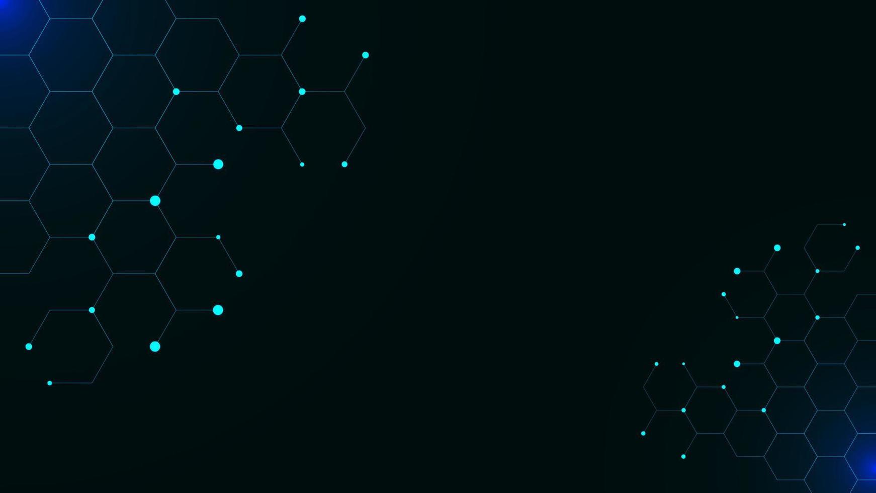 hexagonal med lysande partiklar på mörk blå bakgrund. vetenskap, teknologi, medicin, kemi, data nätverk bakgrund design. vektor illustration.
