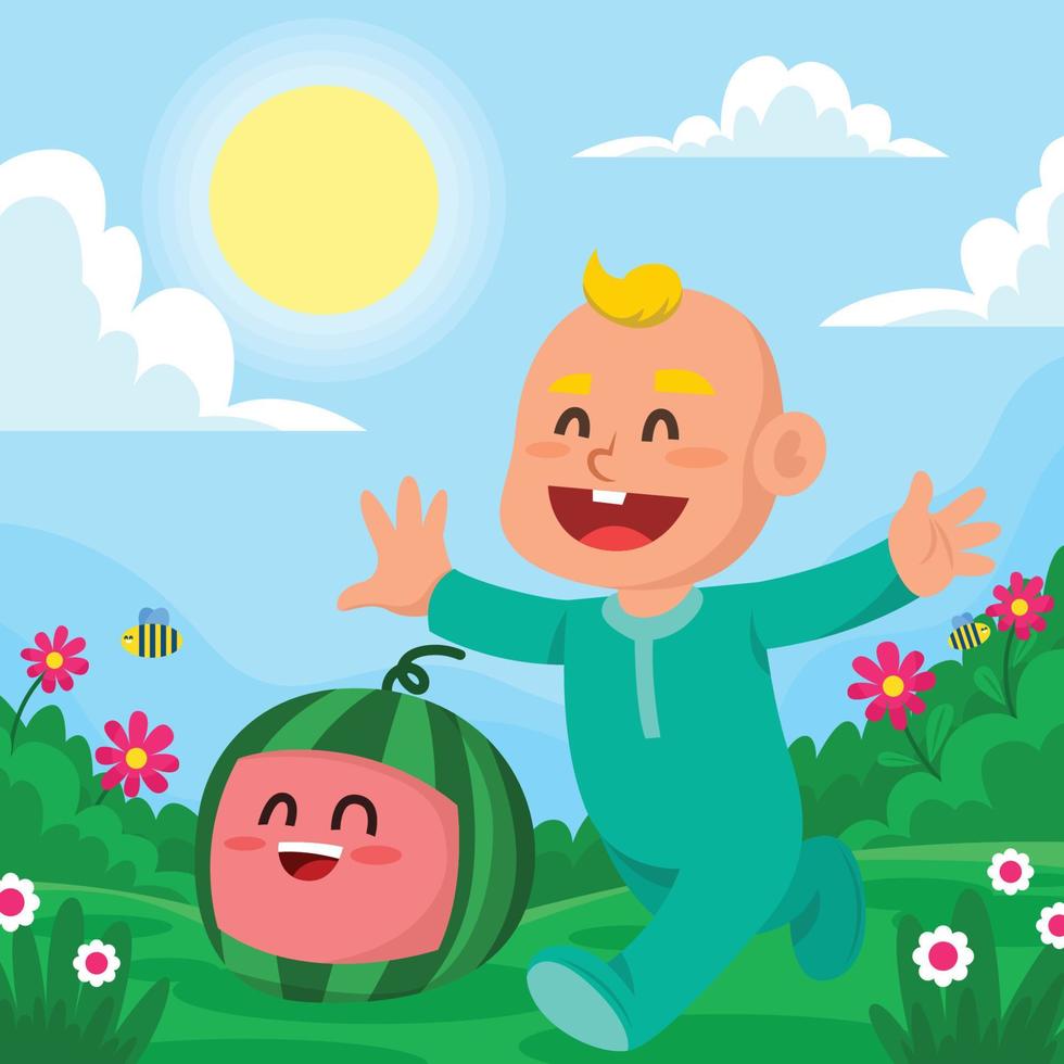 wenig Baby spielen mit Wassermelone Puppe vektor