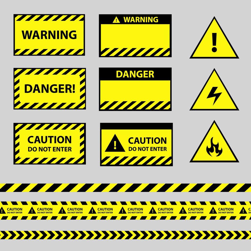 varning, varning fara tecken och tejp, svart gul Ränder barrikad tejp och tecken vektor