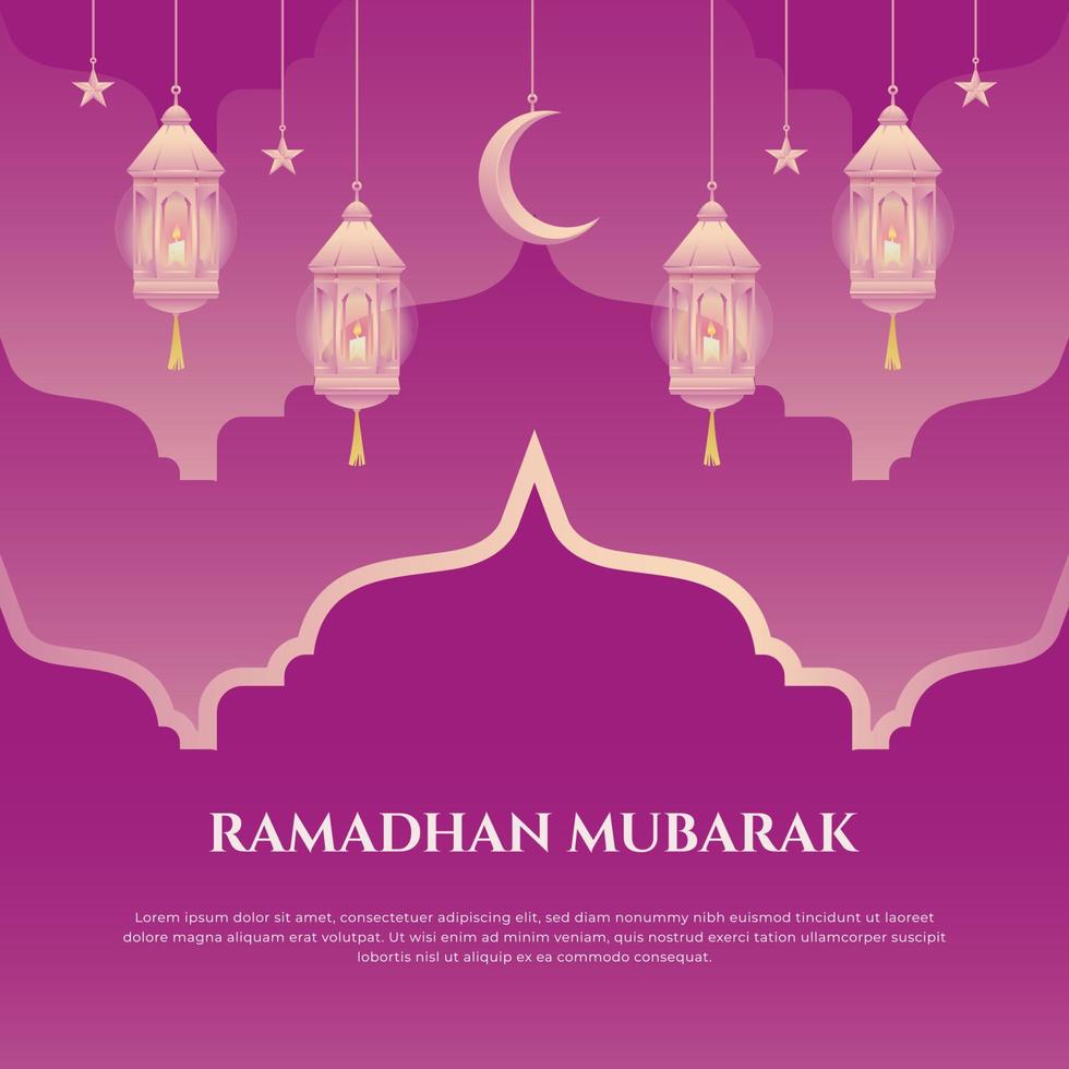 Ramadhan mubarak hälsning med lutning persika rosa lykta och lila Färg bakgrund dekoration vektor