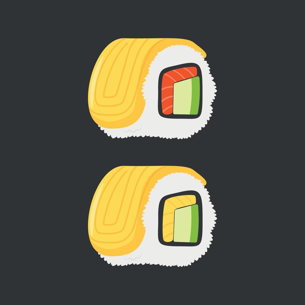 sushi illustration design med fisk och ägg fyllning och insvept i ägg vektor