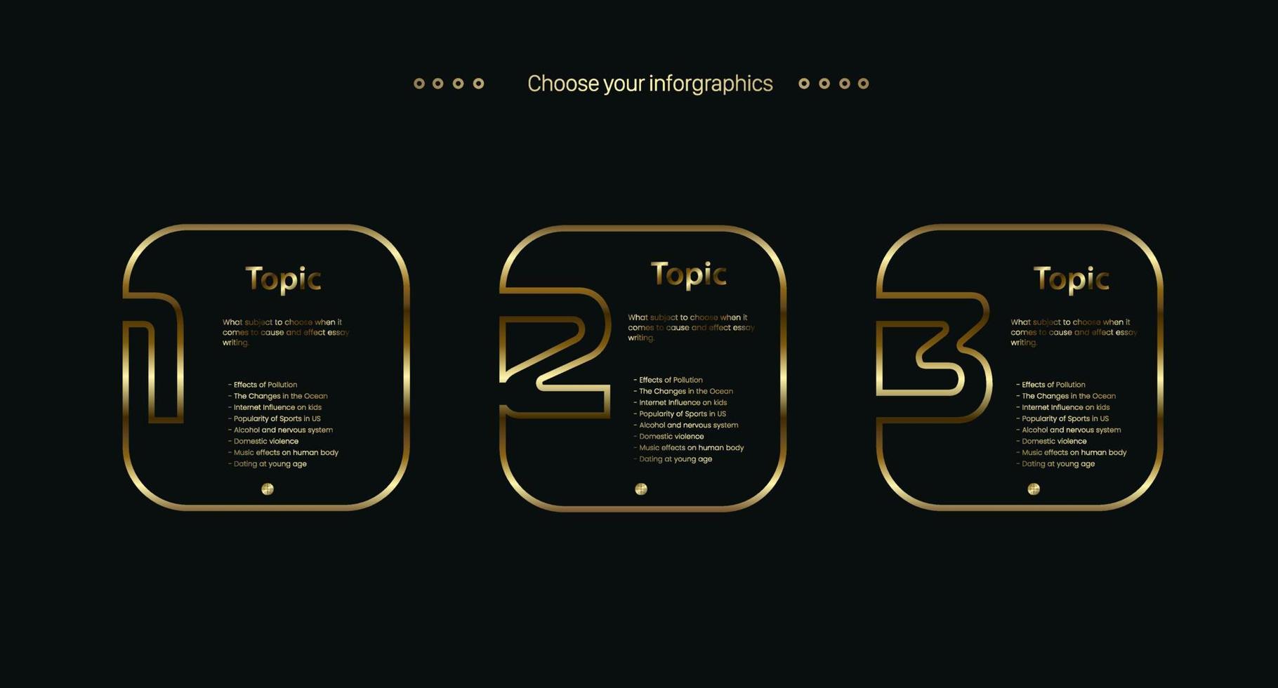 drei Gold Pannel Infografik, Luxus Box Linien Mehrzweck Infografik Tasten Design Vorlage, mit drei Optionen und Prämie golden Ausführung auf ein dunkel Hintergrund vektor