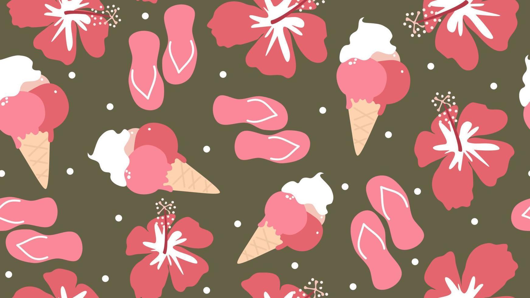 söt färgrik abstrakt sommartid sömlös vektor mönster bakgrund rolig illustration med hibiskus blommor, is krämer och flip flops