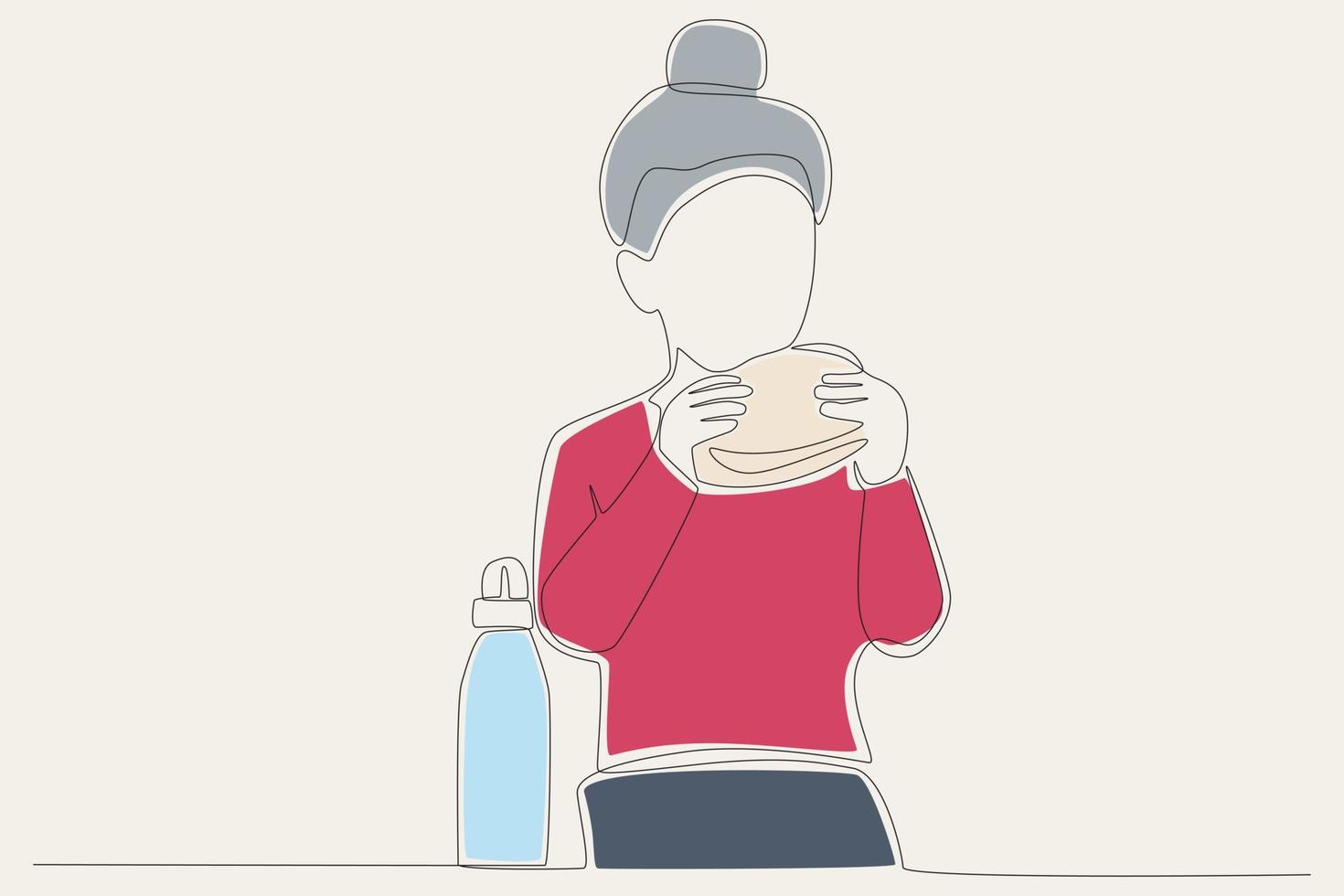 Farbe Illustration von ein Mädchen Mittagessen mit Brot und ein Flasche von Wasser einer Linie Zeichnung vektor