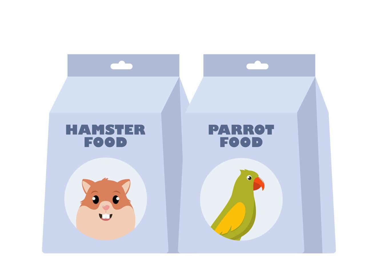 Papagei Essen und Hamster Essen Pack. Pakete von trocken Lebensmittel. Haustier Geschäft, inländisch Tier, Pflege Konzept. Vektor Illustration.