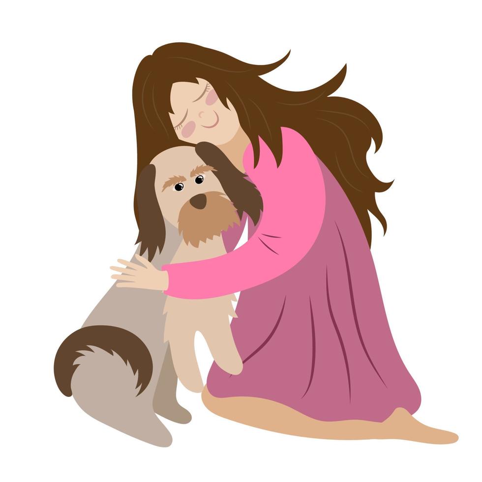 ein Mädchen hocken und umarmen mit Liebe und Pflege Hund. Pflege zum Haustiere, Freundschaft, unser kleiner Brüder vektor