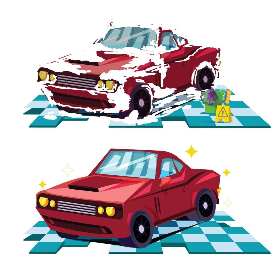 biltvätt koncept. före och efter tvätt av bil. vektor