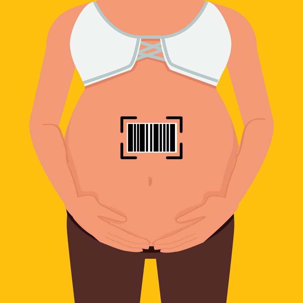 Leihmutterschaftskonzept. Barcode auf dem Bauch der schwangeren Frau. vektor