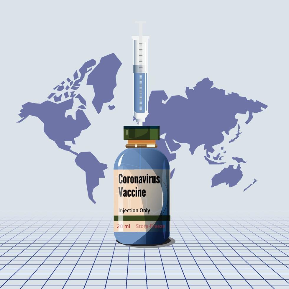 covid-19 vaccin med världskarta vektor