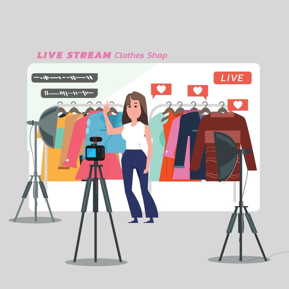 Frauen, die Kleidung online verkaufen. Übertragung von Live-Videos zu Hause. vektor
