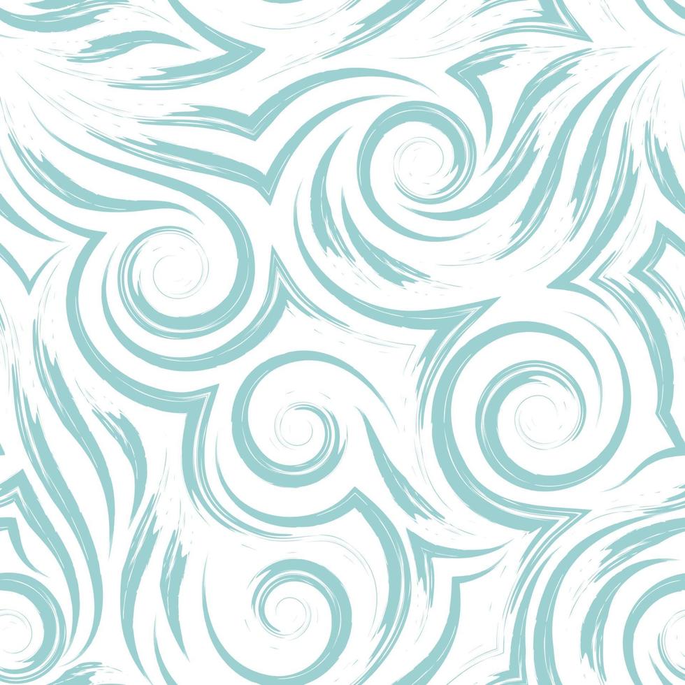 Vektor nahtloses Muster der grünen Spiralen von Linien und Ecken auf einem weißen Hintergrund. Textur von fließenden Formen und Linien von Wellen des Meeres.